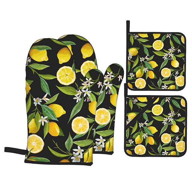 Msacrh Lemon Fruits Oven Mitts and Pot Holders Sets of 4,Resistant Hot Pads with Polyester Non-Slip BBQ Gloves for Kitchen,Cooking,Baking,Grilling