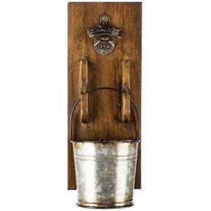 "ABC Products" - Vintage Wall Mount - Wood Plaque Bottle Opener - Galvanized Removable Metal Bucket Catch The Caps - (Plaque Walnut Stained - Bucket Accented Brown Stain - Opens Standard Bottle Caps)