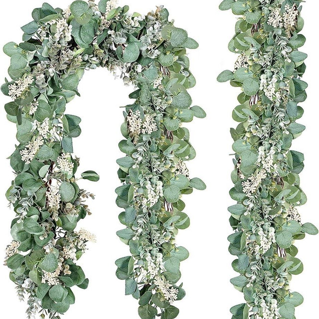Ouddy Decor 2 Pack Eucalyptus Garland Total 13.1 Ft Lush Silver Dollar Leaves Boxwood with White Buds Artificial Faux Greenery Vines for Baby Shower Wedding Party Table Runner Room Home Mantle Decor