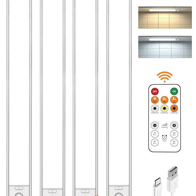 Under Cabinet Lighting Wireless,16 inch LED Motion Sensor Light Indoor, USB Rechargeable Closet Lights with Remote Control, 3 Color Temps Under Counter Lights for Kitchen, Wardrobe, Stairs, 4 Pack