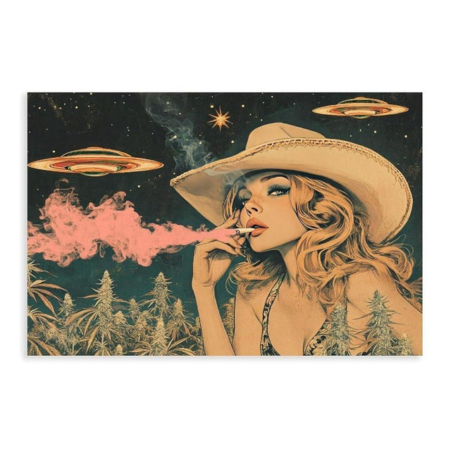 Cowgirl UFO Poster Print, Psychedelic Wall Art Wall Decor Vintage Pink Smoke Poster 08x12inch(20x30cm) Unframe-style