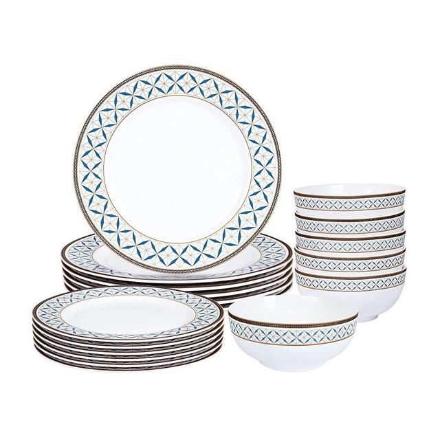 fanquare 18-Piece Porcelain Dinnerware Service for 6, Modern Geometric Pattern, Dishes, Bowls, Black Gold Trim Dinner Set