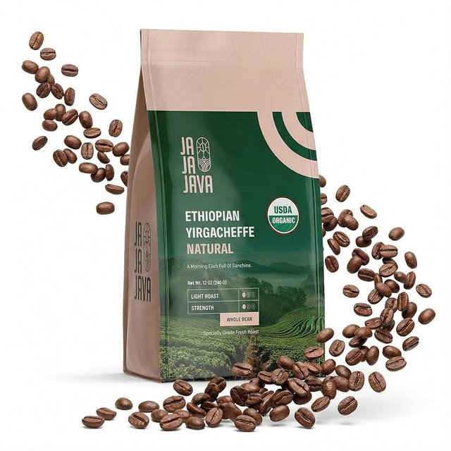 JaJa Java Ethiopian Yirgacheffe Natural Whole Bean Coffee, Light Roast, 12 Ounces, USDA Organic, Specialty Grade Fresh Roast