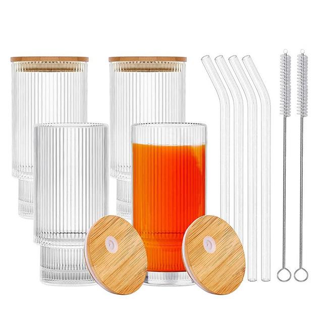 Dmyangs 16oz Ribbed Glass Cups with Bamboo Lids and Straws, Vintage Fluted Glassware Iced Coffee Cups, Stackable Origami Style Drinking Glasses for Cocktails, Juices, Whiskey, Set of 4 with 2 Brushes