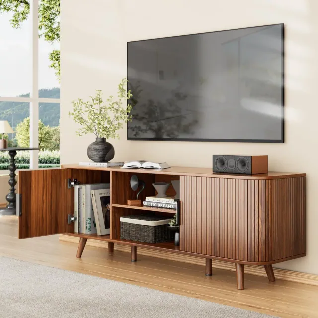 Curved Edge TV Stand Walnut Finish Media Console for 65 Inch TV Modern Fluted Door Credenza with Storage Mid Century Living Room Furniture