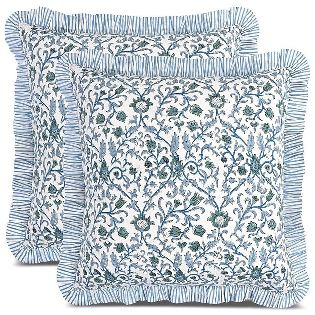 CPC Ocean Vine Hand Block Print 100% Cotton Ruffle Throw Pillow Cover 20x20 inch with Hidden Zipper Decorative for Couch, Bed, Sofa, Farmhouse, Cottagecore Decor Gift Christmas Fall Thanksgiving
