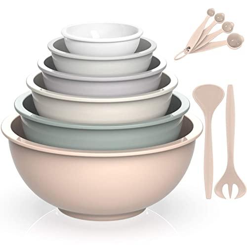 Umite Chef Plastic Mixing Bowls Set, 12 Piece Nesting Bowls Set with Salad spoon and Measuring spoon set, Microwave Safe Mixing Bowl Set for Baking, Prepping, Cooking and Serving Food(Khaki Ombre)