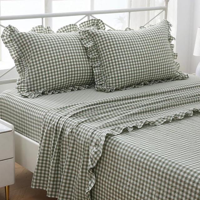 K MASANIJI Sage Green White Plaid Ruffle Sheets Queen Size 4-Piece Set, 300TC 100% Yarn Dyed Cotton Sheets Deep Pocket Farmhouse Gingham Decorative Bed Set (Sage Green/White Plaid, Queen)