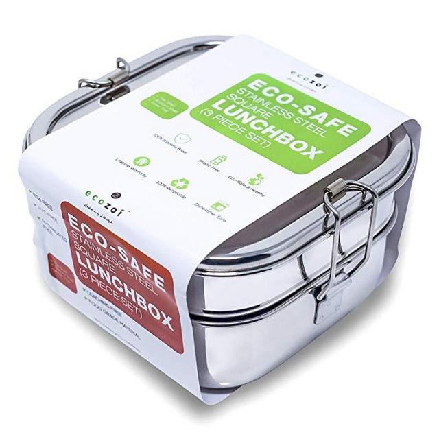 ecozoi Stainless Steel 3-in-1 Square Eco Lunch Box Metal Bento Box | Bonus Inner Tray | Sustainable Zero Waste Eco Friendly Food Storage Container