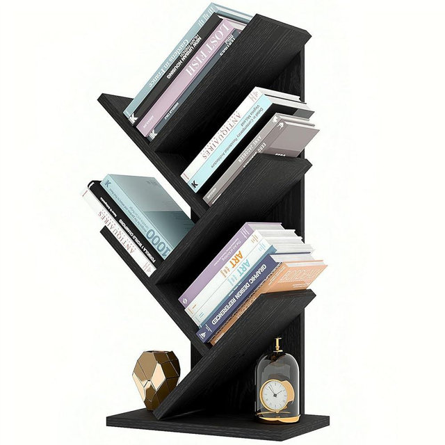 YMYNY 4 Tier Tree Bookshelf, Small Bookcase, Modern Wood Book Storage Rack, Freestanding Book Shelf for Books/Movies/CDs, Narrow Display Rack for Living Room, Home Office, Black UHBC014B