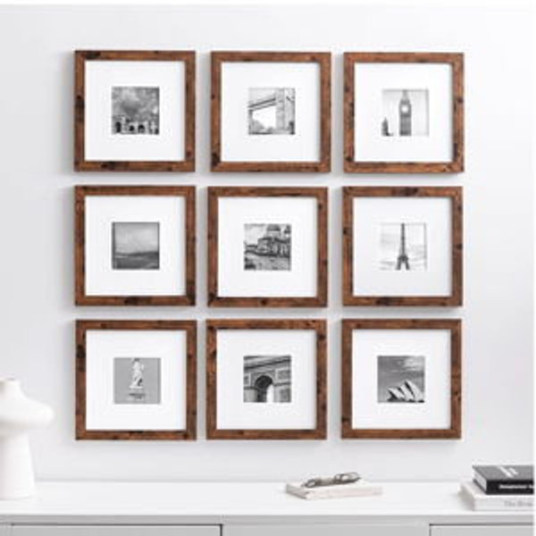 eletecpro 8x8 Picture Frames Set of 9 Classic Gallery Wall Frame Set Displays 4x4 Photo with Mat or 8x8 without Mat, Square Picture Frames Collage Wall Decor, Rustic Brown Modern Home Decor for