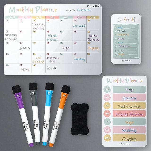 Magnetic Dry Erase Acrylic Calendar for Fridge - Monthly & Weekly Planner with 5 Markers, Holder & Cleaning Cloth. 2-Pack Set for 2025 Refrigerator Calendar. (White)