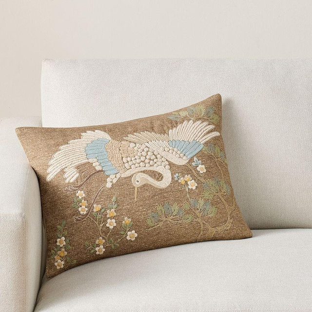 Crane Embroidered Lumbar Pillow Cover, Tobacco Multi, 14" x 20"