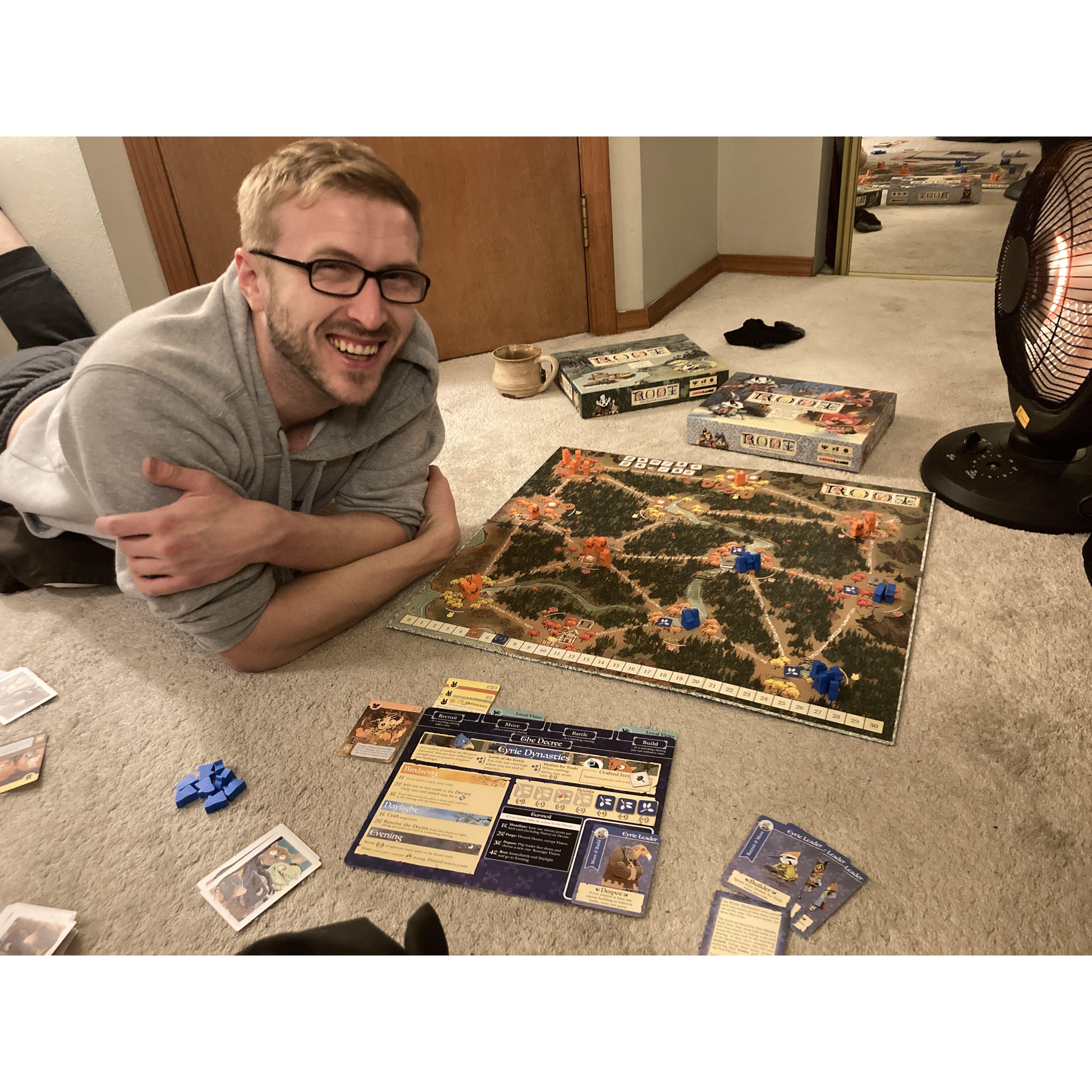 Ended Easter Sunday with Daniel teaching Meghan to play Root, his favorite game!