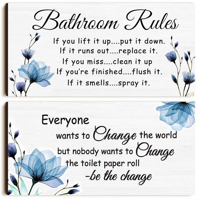 2 Pieces Funny Teal Bathroom Signs Beach Theme Bathroom Wall Decor Teal Bathroom Accessories Farmhouse Toilet Rustic Wooden Signs(Blue Floral)