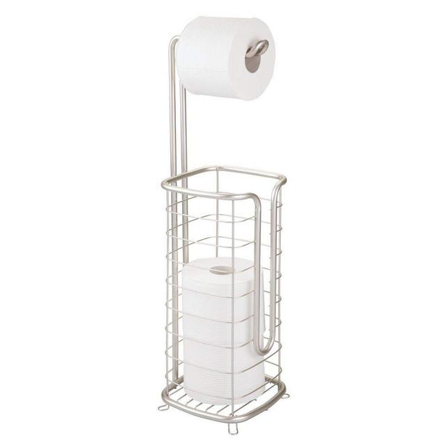 mDesign Metal Free Standing Toilet Paper Holder Stand and Dispenser, with Storage for 3 Spare Rolls of Toilet Tissue While Dispensing 1 Roll for Bathrooms/Powder Rooms - Holds Mega Rolls - Satin