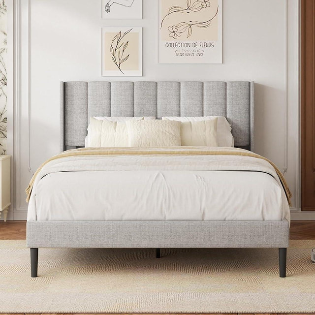 HAOARA Full Size Velvet Bed Frame with Vertical Chanel Tufted Headboard and Wingback, Upholstered Platform Bed, No Box Spring Needed, Strong Wooden Slats, Light Grey