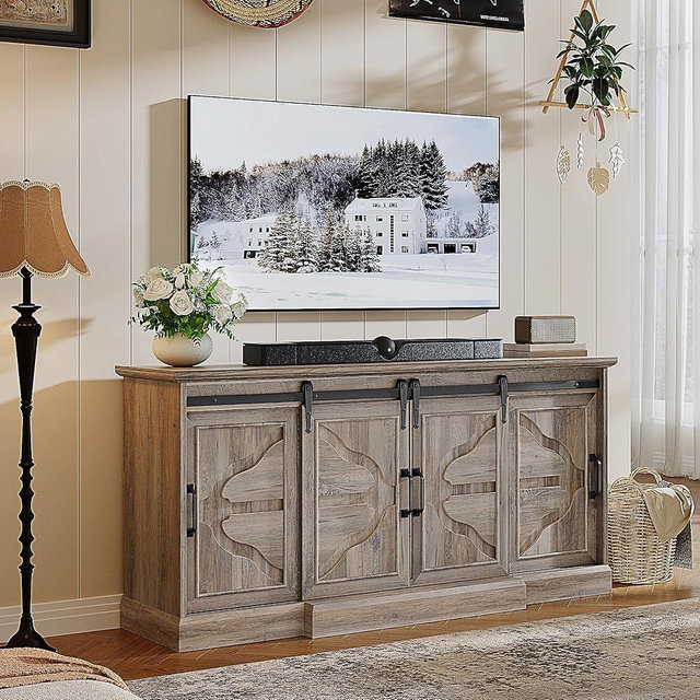 YITAHOME TV Stands with Power Outlets for 70/65 Inch Television, Modern Farmhouse Entertainment Center TV Media Console with Barn Sliding Doors & Adjustable Shelf for Living Room, Grey Wash