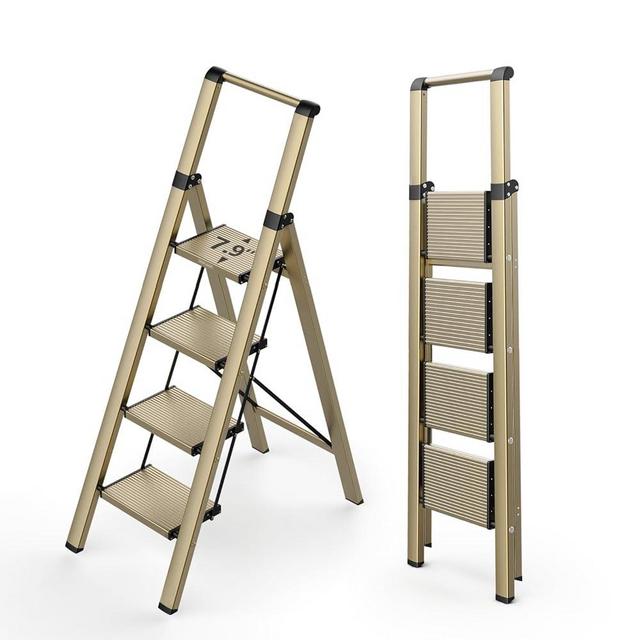 WOA WOA Ladder, Step Ladder 4 Step Folding with Wide Pedals, Lightweight Stepladders for High Closet, Tall Aluminum Ladder with Non-Slip Feet, Indoor Step Ladder Space Save 330lbs - Gold