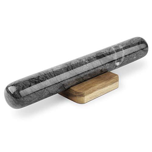 Flexzion Marble French Rolling Pin, 11-inch (Black) French Dowel with Wooden Holder Base - Heavy Weight Board Stand Slab Set for Baker Baking Bakery Donut Cookie Pasta Dough Pastry Fondant Pie Chef