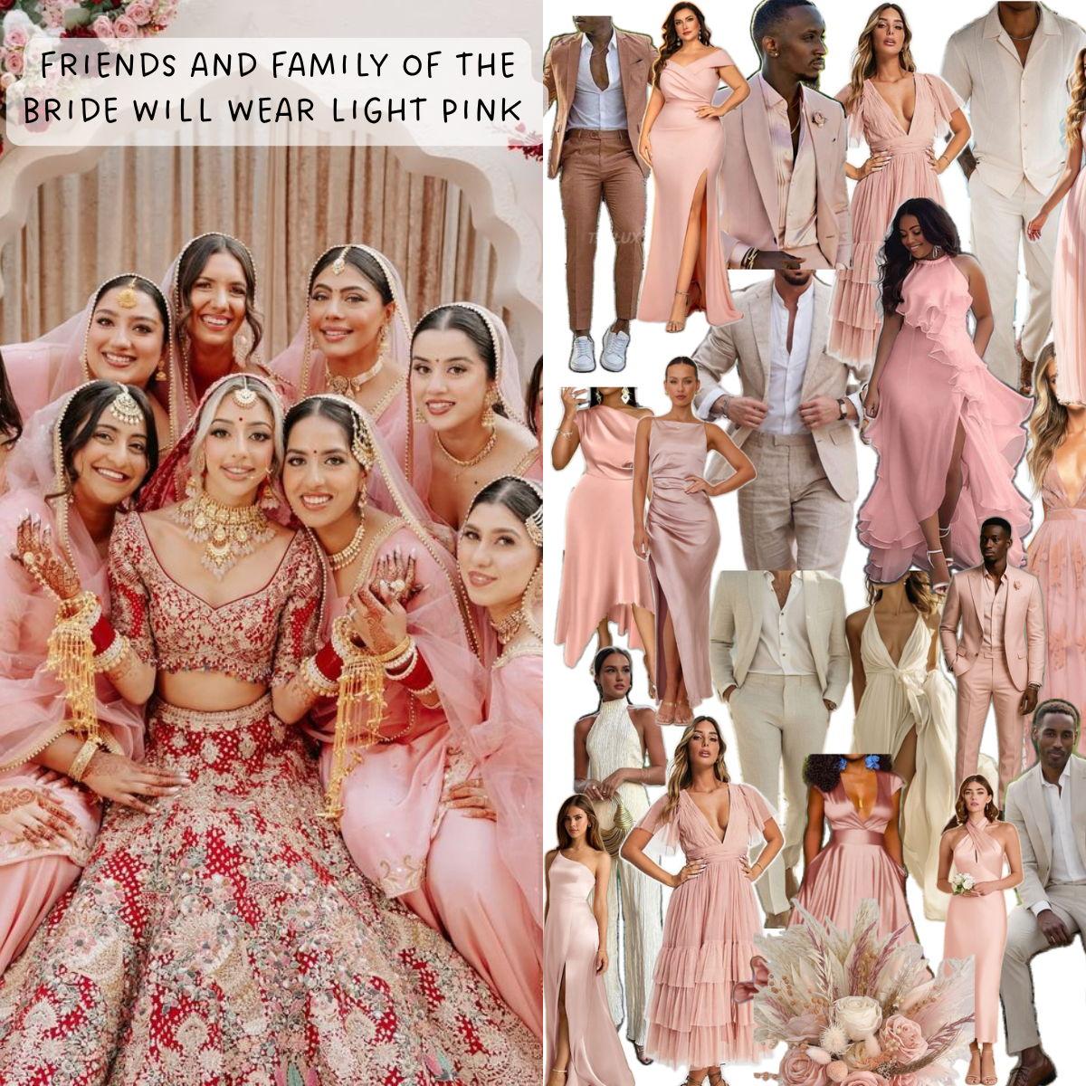 WEDDING day: Men can wear formal attire with light pink accessories. Women are invited to wear modest formal wear in light pink. Please cover shoulders and knees as the ceremony is cross legged.