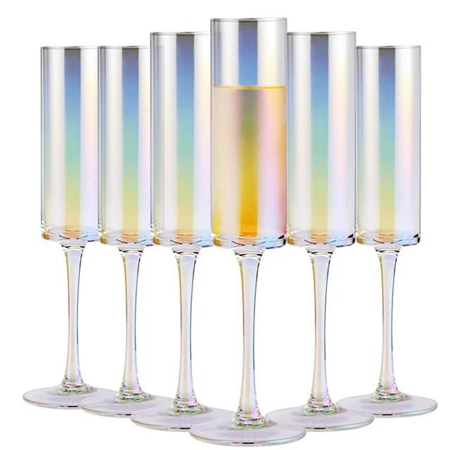 Colorful Set of 6 Champagne Flutes Square Glasses Crystal Hand Blown Classy Champagne Flutes 100％Lead Free Quality Sparkling Wine Stemware Set Dishwasher Safe 7oz…