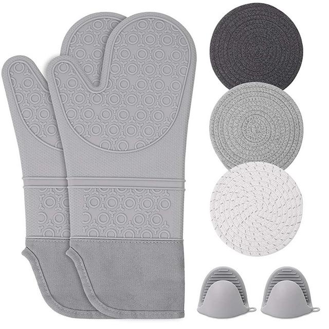 Silicone Oven Mitts with Quilted Liner Heat Resistant Pot Holders and Mini Oven Mittens Flexible Oven Gloves (Grey, 15inch)