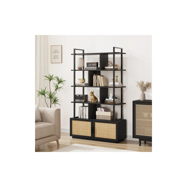 Garvee 5 Tier Rattan Bookshelf with Storage Cabinet & Door, Industrial Book Shelf with Open Display Shelvesfor Living Room, Bedroom, Black