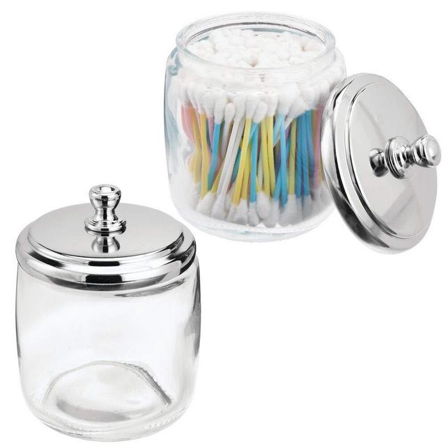 mDesign Bathroom Vanity Glass Storage Organizer Canister Apothecary Jar for Cotton Swabs, Rounds, Balls, Makeup Sponges, Blenders, Bath Salts - 2 Pack, Clear/Chrome