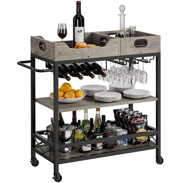 IDEALHOUSE Bar Cart, 3 Tier Bar Carts for The Home,Grey Bar Cart with Wheels, Two Portable Trays, Wine Rack, Glasses Holder, Industrial Serving Cart for Kichen, Living Room, Dining Room