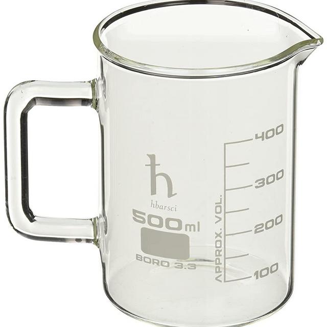 EISCO Premium Hand Crafted Beaker Mug, Thick Borosilicate Glass, Large Size, Pint Glass or Coffee Mug Sized, 500 ml Capacity, 16.9 oz.