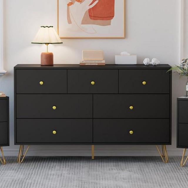 Tradare 7 Drawer Dresser and Nightstand Set of 2, Modern Black and Gold Dresser Set with Golden Handles, 2-Drawer Nightstand & 7-Drawer Chest of Drawers