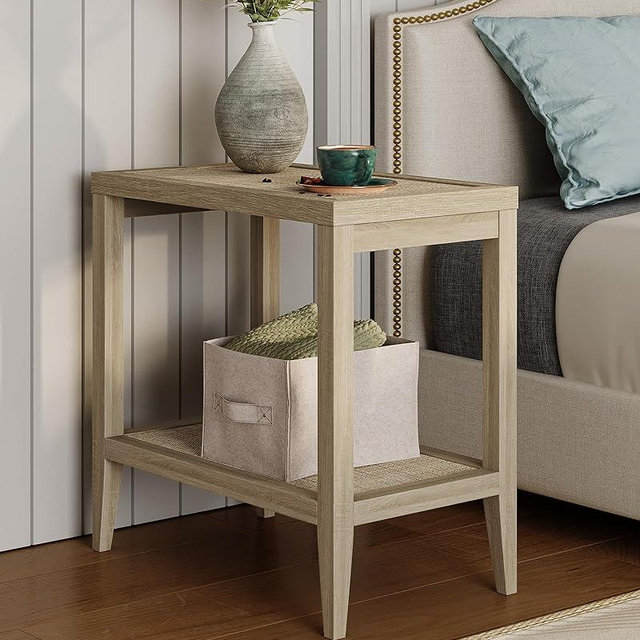SICOTAS Boho Rattan Nightstand Bedside Table - Farmhouse Narrow Accent End Table with 2 Open Rattan Shelves for Bedroom, Living Room, Small Spaces - Light Oak