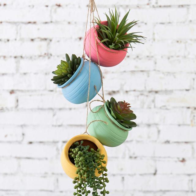 MyGift 4-Pot Bright Pastel Ceramic Hanging Flower Planter Set