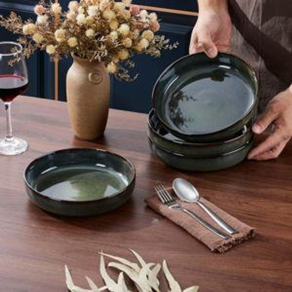 Stoneware, Large Pasta Bowls - Set of 4 Deep Green