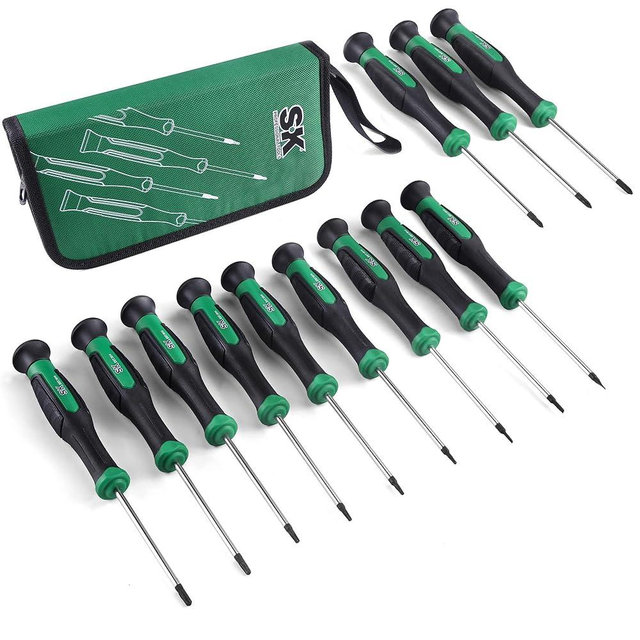 SK 12-Piece Mini Screwdriver Set, Includes Slotted/Phillip/Star Screwdrivers, Magnetic Tips, Premium Alloy Steel, SureGrip Handle, with Zipper Pouch