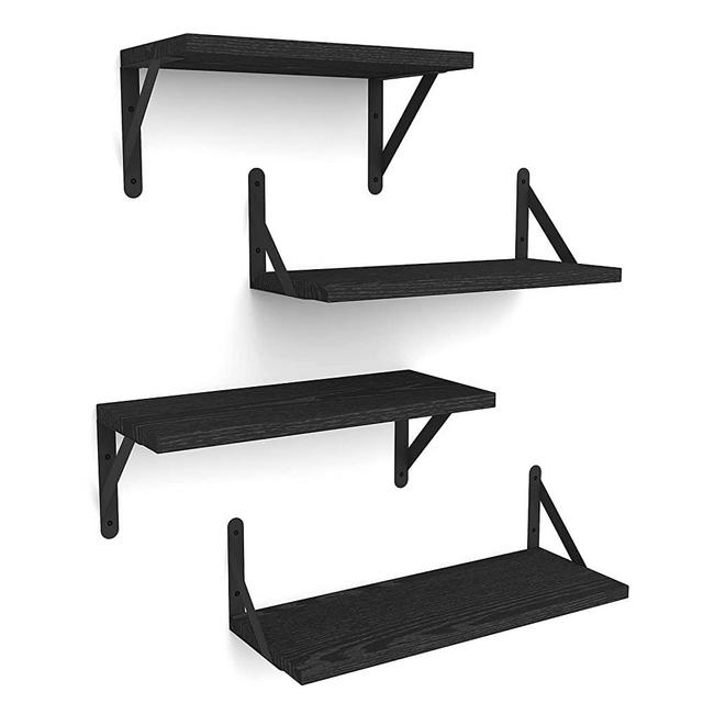 YGEOMER Floating Shelves, Set of 4, Wall Mounted Display Ledge, Storage Rack for Living Room, Bathroom, Kitchen, or Bedroom-Black Paulownia Wood