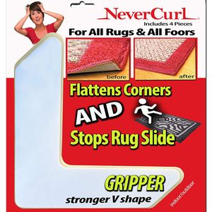 Grips the Rug with NeverCurl Includes 4"V" Shape Corners - Patent Pending. Instantly Flattens Rug Corners AND Stops Rug Slipping. Gripper uses Renewable Sticky Gel. By NeverCurl