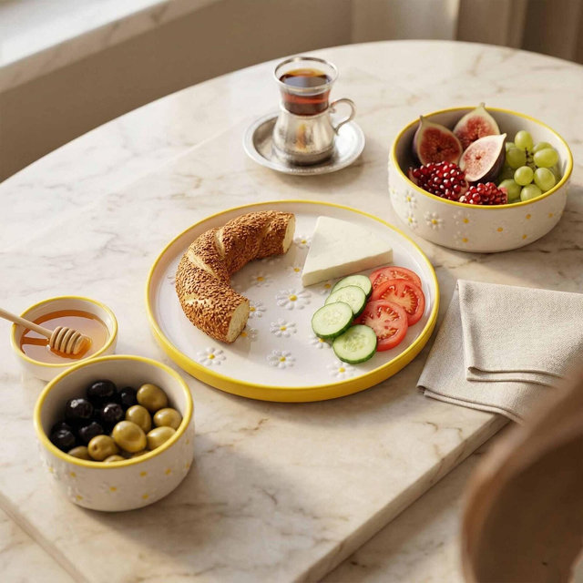 Daisy Ceramic Dinnerware Set, Floral Breakfast Mezze Set, Plate Bowl Set, Kitchen Dining Serving Set, Cute Housewarming Gift