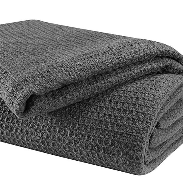 GLAMBURG 100% Cotton Thermal Blanket, Breathable Bed Blanket King Size, Soft Waffle Blanket, King Blanket, All Season Cotton Blanket, Charcoal