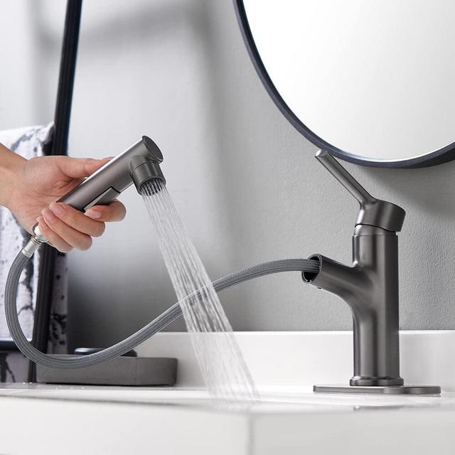 LAZ HOME Bathroom Sink Faucet with Pull Out Sprayer Single Hole one Handle Basin Mixer Tap Pull Down Vessel Waterfall Rotating Spout Widespread Drain Assembly (Gun Grey, Regular)