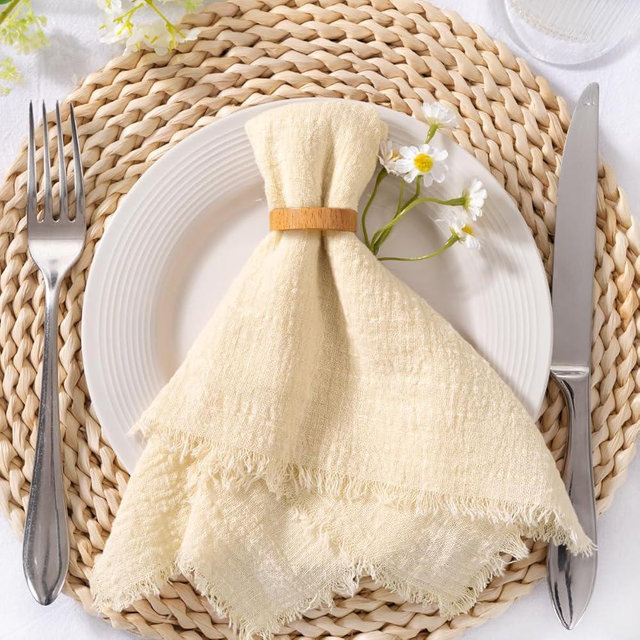 MLMC 10 Pack Beige Cream Cloth Napkins with Fringe Boho Linen Napkins Washable Reusable Rustic Dinner Table Decor 17"×17" for Wedding Party Bridal Baby Shower Home Decor