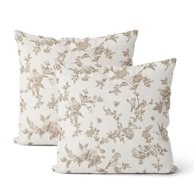 Gloteery Brown Throw Pillow Covers 18x18 Inch 2 Pcs Chinoiserie Beige Floral Bird Decor Pillow Covers Vintage Toile Flower Seasonal Outdoor Decorative Pillowcase Linen Cushion Cover for Couch Sofa