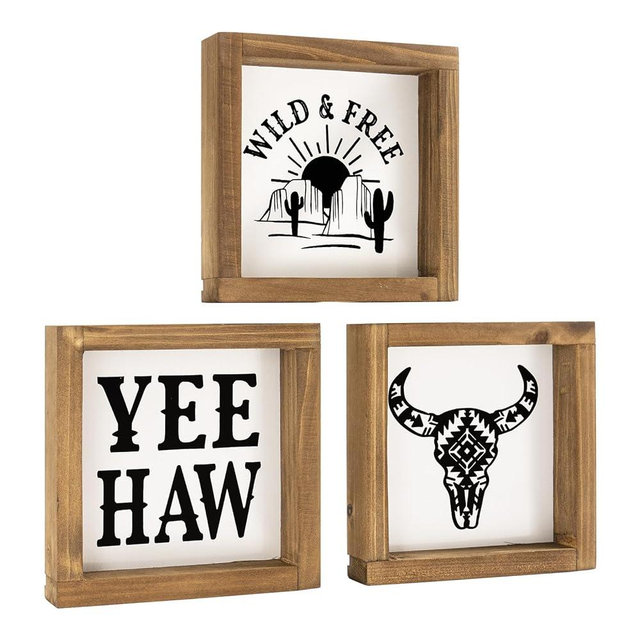 flangairy Western Wall Decor Southwestern Wall Art Southwest Shelf Desk Table 3 Pieces Yeehaw Cowboy Cow Skull White Wood Signs Bathroom Bedroom Room Boho Rustic Farmhouse Home Decoration