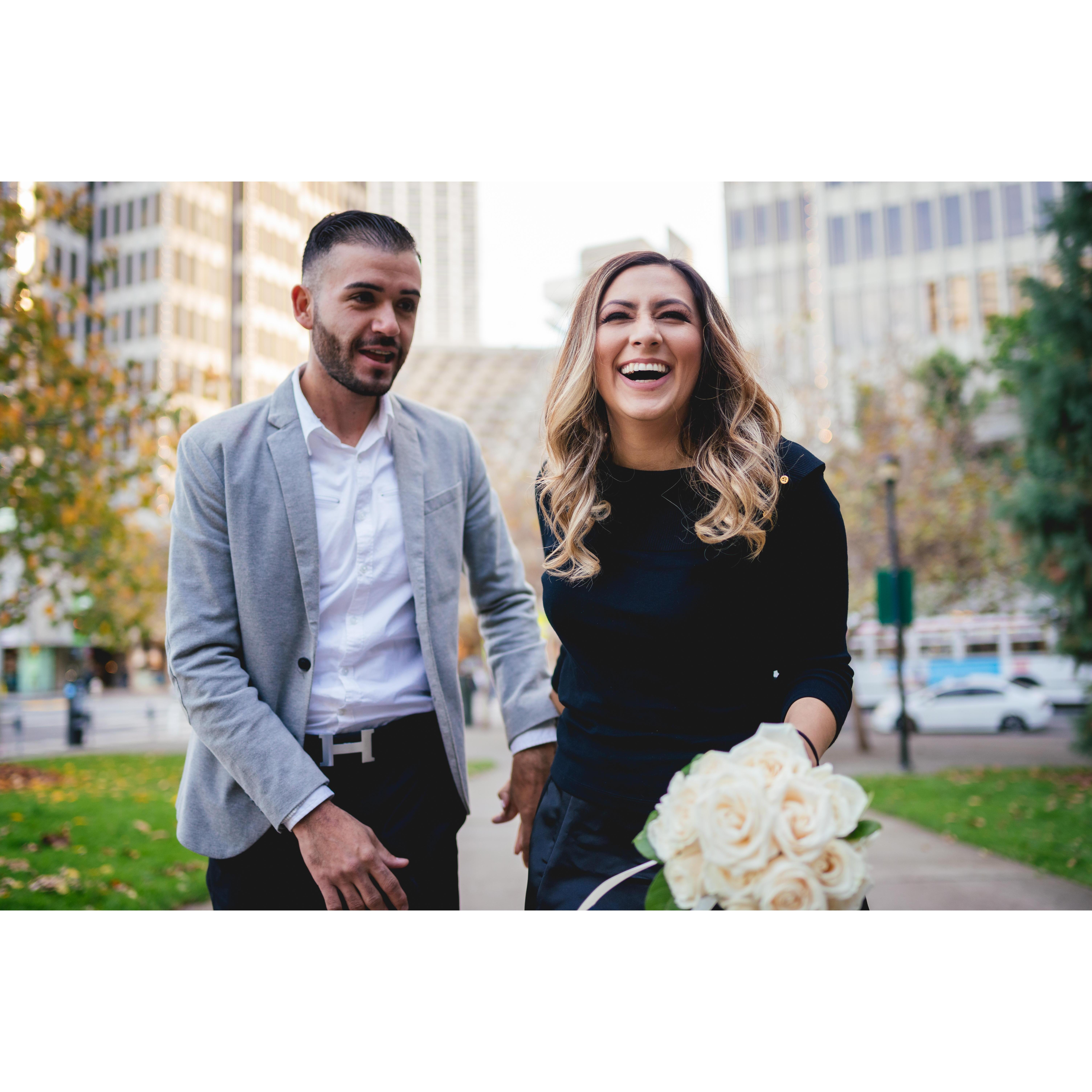 In this photo we had just bumped our heads after we both tried wiping blood off my knee. Real moments. Genuine laughs.