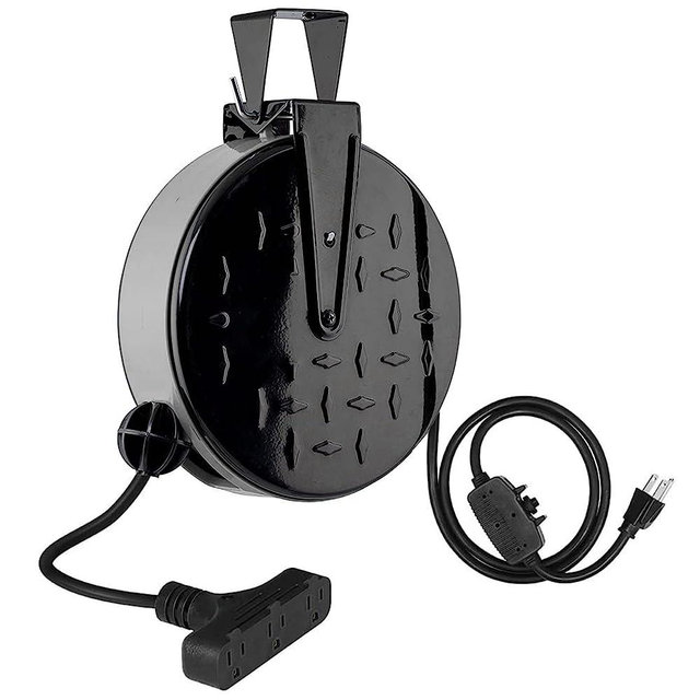EP 30 Ft Retractable Extension Cord Reel, 16/3 SJTW Power Cord with 3 Electrical Outlets, Ceiling or Wall Mount, 10 Amp Circuit Breaker, Metal Plate, UL Listed, Gray