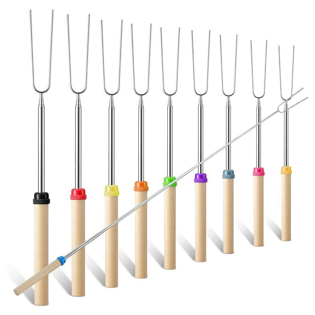 TIPTAP Marshmallow Roasting Sticks Set, 10PCS with Random Colors, Extendable and Reusable Marshmallow Stick, 32IN, Wood Handle, Premium Stainless Steel Smores Skewers for Fire Pit, Bonfire Party