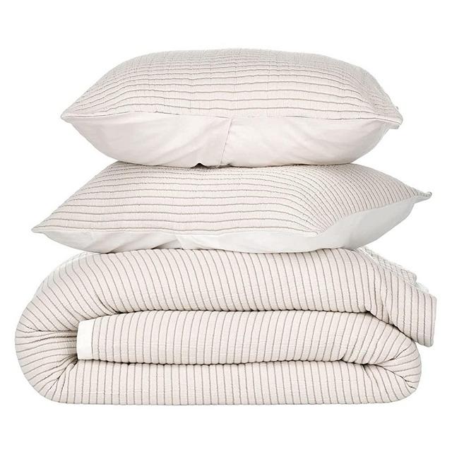 Nate Home by Nate Berkus 3-Piece Cotton Matelasse Duvet Cover Set | Lightweight Breathable Bedding from mDesign - Full/Queen Size - 1 Duvet Cover, 2 Pillow Shams, Pearl/Morel (Light Brown)