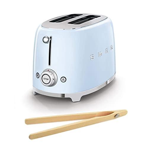 Smeg TSF01PBUS 50's Retro Style Toaster Bundle with Norpro Bamboo Tongs - (Pastel Blue) 2 Slice
