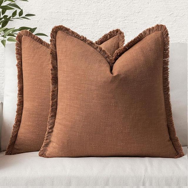 MIULEE Set of 2 Linen Throw Pillow Covers Decorative Pillow Covers Farmhouse Style Boho Cushion Covers Brick Pillow Covers with Fringe for Living Room 20x20 Inch